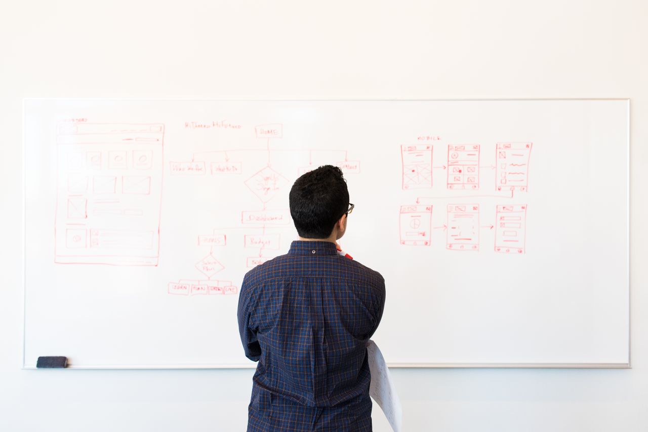 who-we-are Man standing at a whiteboard planning UX design concepts in a modern office setting.